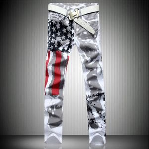 2017 nova chegada dos homens casuais americano bandeira dos eua impresso calças jeans dos homens graffiti impressão branco hip-hop moda jeans307y