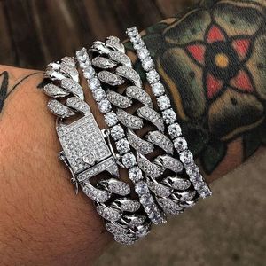 Pulseiras de prata de ouro jóias diamante gelado para fora corrente miami cubano link corrente pulseira masculino hip hop jóias182u