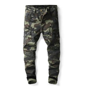 Mens Camouflage Fold Skinny Jeans Fashion Designer Pocket Paneled Causal Camo Stretch Denim Pants Hip Hop Trousers2529