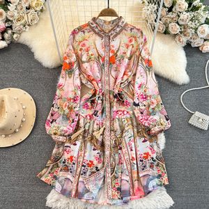 High end retro court style temperament long sleeved lapel with waistband for slimming single breasted A-line printed shirt dress