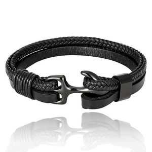 Fashionable and Trendy Men's Titanium Steel Bracelet Black Cowhide Woven Boat Anchor Stainless Steel Genuine Leather Bracelet Leather Rope