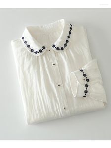 Kadın bluzları lamtrip benzersiz yüksek kaliteli cilt dostu çiçekler nakış çift katmanları pamuk ipliği uzun kollu gömlek bluzu sonbahar mori
