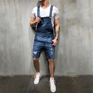 Men jeans denim romper 2021 mäns svart mörkblå shorts casual streetwear nödställda övergripande310b