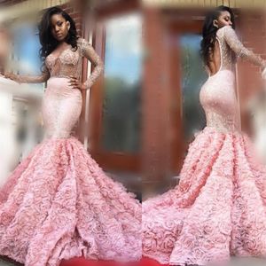 Gorgeous 2k17 Pink Long Sleeve Prom Dresses Sexy See Through Long Sleeves Open Back Mermaid Evening Gowns South African Formal Par205h