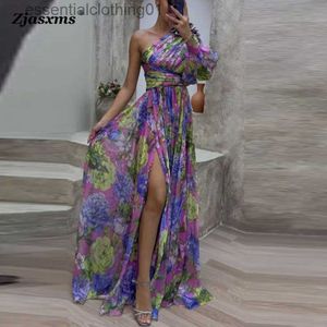 Basic Casual Dresses Sexy Female Hight Split Loose Hem One Shoulder Print Beach Party Dress Lady Side Split One Sleeve Long Dress Women Evening Dress L230918