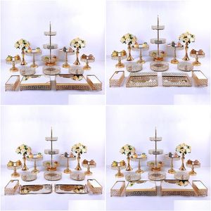 Outros suprimentos de festa festiva 14 pcs cristal metal bolo suporte conjunto acrílico espelho cupcake decorações sobremesa pedestal display gota deliv dh4qw