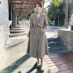 Women's Trench Coats Vintage Plaid Coat 2023 Spring Women Elegant Double Breasted Splice Belt Loose Korean Casual Long Jacket Windbreaker