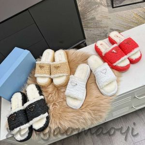 Autumn and Winter Woolen mop slippers Luxury Women Soft padded Nappa slides Woven wool mop slipper fashion outdoors Triangle buckle plush shoes