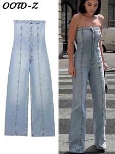 Women s Two Piece Pants Off Shoulder Blue Denim Jumpsuit Sexy Sleeveless Tube Top Button Vintage Summer High Waist Wide Leg Playsuits 230918