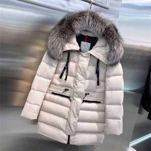 Monclairs Ceket Kadın Tasarımcı Down Ceketler Aphrotiti Moda Kürk Yaka Kapşonlu Uzun Ceket Kış Kırıcılık Sıcaklık Puffer Ceket Siyah ve Beyaz 2 Renk