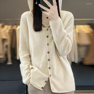 Women's Knits WOTEEWS Brand 2023 Autumn Pure Wool Hooded Cardigan Fashion Loose Sweater Cashmere Knitted Coat Ms.