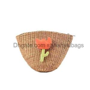 Borse a tracolla Borsa a mano in paglia fatta a mano Borsa estiva in rattan intrecciato da spiaggia vintage Borsa a tracolla da donna Fiori10