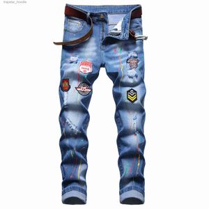 Men's Jeans Men Slim Fit Ripped Jeans Fashion Straight Leg Stretch Printed Biker Denim Pants Mens Blue Regular Trousers Big size D673 L230918