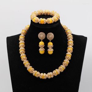 Naszyjnik Zestaw fantastyczny żółty kamień z koralikami złota biżuteria Nigerian Wedding African Kulki ślubne We253