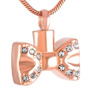 IJD9214 BOW TIE ROINELESS STÅL CREMATION PENDANT Halsband Crystal Memory Ashes Keepsake Urn Holder Memory Necklace243T
