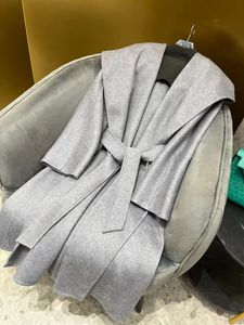 灰色のMmax Navarra Cashmere Long Coats手作りの両面ウールブレンド水リップルウールコートウール女性ラペルネック