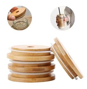 US Warehouse Bamboo Cap Lids 70mm 88mm Reusable Wooden Mason Jar Lid with Straw Hole and Silicone Seal DHL Free Delivery FY5015 0426 ZZ