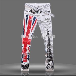 HELT-MENS UK BRITISKA FLAGS JEANS PANTER Färgat ritningstorn Tryckt mode Skinny White Jeans Casual Stretch Jeans Trousers 306g