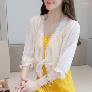 Roupa de banho feminina coreano chiffon renda protetor solar xale verão fino cardigan blusas cor sólida jaqueta pescoço guarda manto roupas de sol