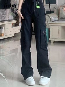 Kvinnors jeans Autumn High midja Straight Woman Loose American Korean Chicly Cargo Pants Black Street Slim Women