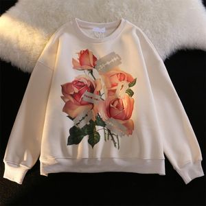 Women's Hoodies American Retro Chic O-Neck Pullovers Ladies Floral Plant Printing Oversized T-Shirt Spring Autumn Thin Casual Sweatshirts