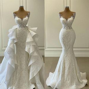 Vita sjöjungfru bröllopsklänningar med löstagbara tåg rufsar spets applicerade brudklänningar plus storlek Vestidos de novia2429