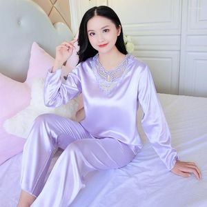 Women's Sleepwear Silk Pajamas Set Long Sleeve Thin Sexy Korean Loose Household Clothing Female Spring Summer 2 Pcs