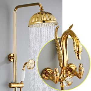 Golden wall mounted Swan Bath Tub shower Filler Faucet with Handshower 2 Holes DF1230