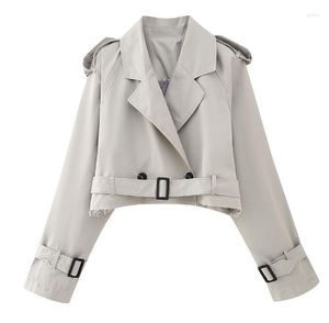 Womens Trench Coats Spring Autumn Long Sleeved Tench Coat With Belt Cropped Loose Short Jackets 5 Colors