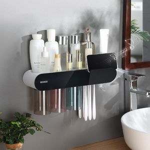 Toothbrush Holders Wall Mounted Toothbrush Holder Magnetic Adsorption Inverted Cups Automatic Toothpaste Squeezer Toiletry Storage Shelf 230918