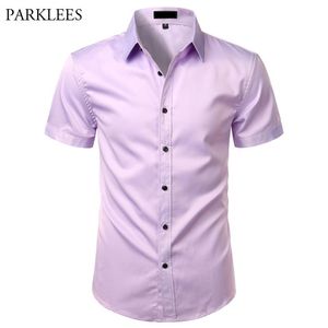 Light Purple Mens Dress Shirts 2020 Summer Short Sleeve Bamboo Fiber Shirt Men Chemise Non Iron Easy Care Formell skjorta för Male301Z