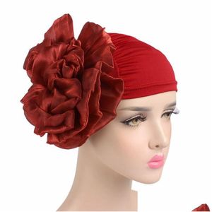 Kappen Hüte Frauen Große Blume Turban Muslim Turbante Elastische Kopf Wraps Chemo Haarausfall Slee Cap Damen Beanie Mädchen Hut 9 farben Dro Dhko2