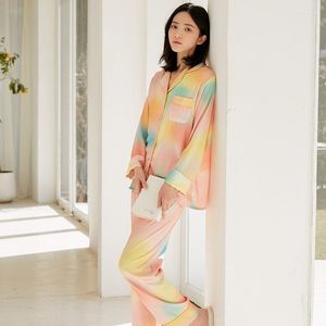 Women's Sleepwear Women Long Sleeve Nightwear 2023 Pajamas Suit Satin Patchwork Color 2PCS Sleep Set Intimate Lingerie Casual Home Clothing