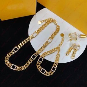 golden Necklace Bracelet Earrings Ring, Designer jewelry Alphabet Embed Zircon Fashion Ladies 4-piece set, wedding, party, Christmas, gifts