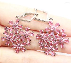 Orecchini pendenti 44x18mm Splendida forma di fiocco di neve Topazio fumé Tormalina rosa Bianco CZ Per le donne Abbigliamento quotidiano Argento