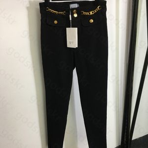 Metal Chain Waist Buckle Jeans Womens Fashion Brand High Waist Skinny Jeans Metal button Pants