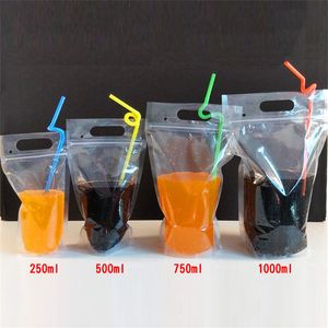 Tragbare Kunststoff-Trinkwasser-Verpackungsbeutel, 250 ml, 500 ml, 750 ml, 1000 ml, Einweg-Flüssigstroh-Standbodenbeutel für Getränke, Milch, Tee, Kaffee, Saft, Aufbewahrungspackung