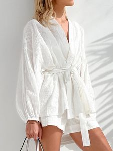 Mulheres sleepwear hiloc branco algodão lanterna manga longa pijama faixas nightwear 2 peça define ternos soltos com shorts feminino 2023 outono