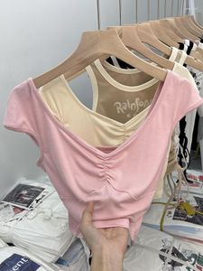 Kadın Tişörtleri Pembe T-Shirt Koreli Y2K Tee Üst Kıyafet Harajuku Moda Vintage Street Giyim Düşük Boyun Kısa Kol Yaz 2023