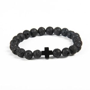 Novo design pulseira inteira 10 peças lote 8mm contas de pedra de lava de qualidade com hematita cruz real jesus bracelets330r