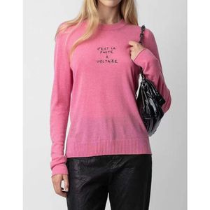 Suéter de caxemira 23AW Zadig Voltaire Mulheres Designer Moda Clássico Hoodies Novo Zadigs Clássico Carta Bordado 100% Lã Estilo Fino Malha Lady Rose Red Polo