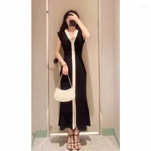 Casual Dresses Neploe Japanese Contrast Color Commuter Sleeveless Vestido V-neck Single Breasted Knitted Dress 2023 Summer Slim Fit Thin