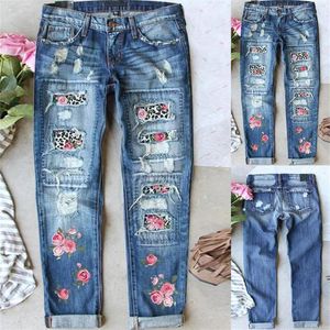 Jeans femininos mulheres jeans calças rasgadas casuais calças soltas floral impressão longa stilt mulheres jean jumper vestido para