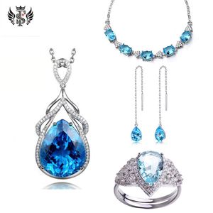 Smyckesuppsättning av vattendroppa Sapphire Ring Long Tassel Ear Chain Mermaid Tears Halsband Blue Topaz Armband2578
