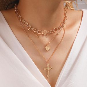 Kedjor Vintage Cross Love Pendant Multi Layered Necklace For Women's Geometric Alloy Thick Chain Three Layer ClaVicle