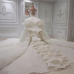 분리 가능한 치마 얇은징 아플리케 왕실 왕실 열차 웨딩 신부 가운 2890을 가진 어깨 레이스 인어 웨딩 드레스