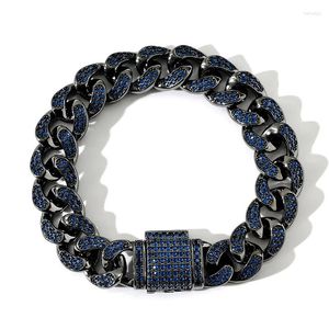 Link Bracelets Hip Hop Micro Paved Blue CZ Stone Bling Iced Out Solid Black Cuban Chain Bangle Bracelet For Men Rapper Jewelry