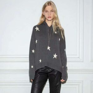 23SS ZADIG VOLTAIRE Üst Moda Tasarımcısı Sweater Hoodie Klasik Stil Gündelik çok yönlü yıldız Jakard% 100 Kaşmir Gevşek Külçe Kadın Triko Kapşonlu Sweater