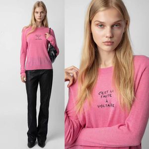 23SS Zadig Voltaire Women Designer Sweter Bluet New Classic Letter Hafdery 100% wełny cienki styl mody mody swobodny sweter wszechstronny Rose Rose Rose Bluzy