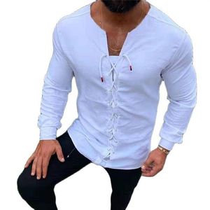 Men's Casual Shirts Solid Color Fashion Shirt Long Sleeve Blouses Men Clothing Summer Top Pullovers Collarless White Bandage 2053